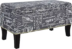 Linon Stephanie Script Linen Ottoman, 32W x 16D x 18H, Gray/Black